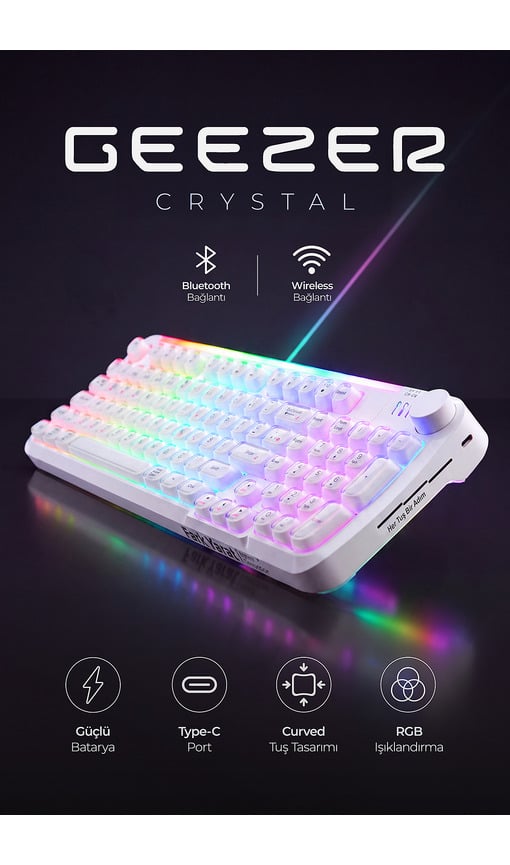 GEEZER SK-710CTM Crystal BT Türkçe Q Kablolu/Kablosuz Oyuncu Klavyesi Beyaz